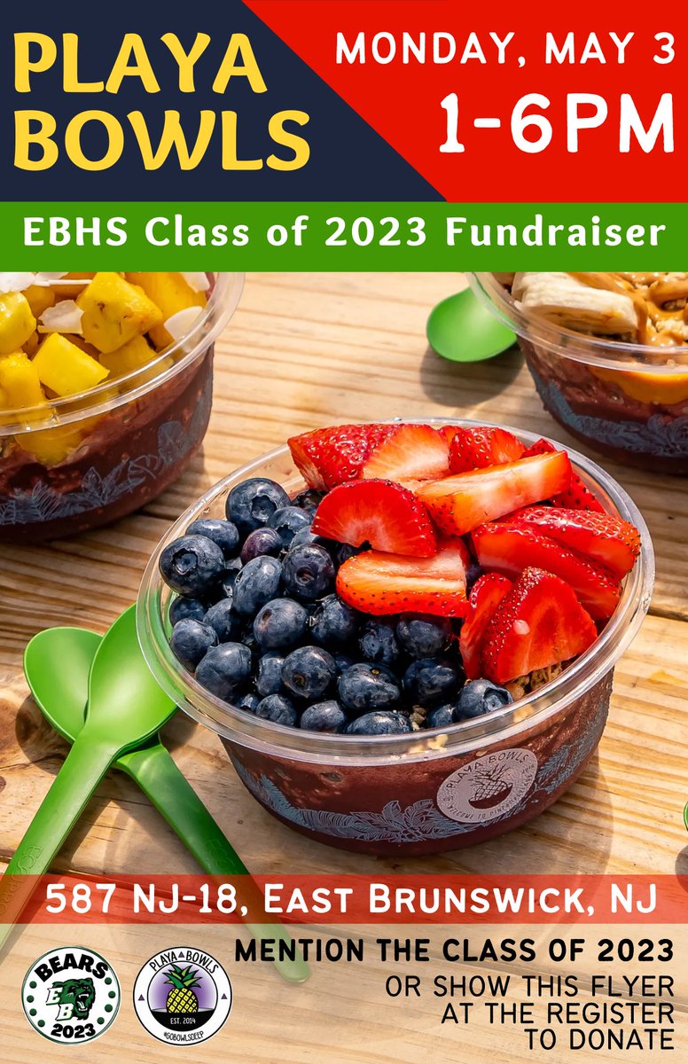 We are hosting a dine to donate at the Playa Bowls in EB! It will be held this coming Monday, May 3rd. Please share this with friends and family to help us fundraise for our prom and other fun events!