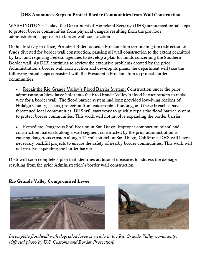 LaikenJordahl's tweet photo. BREAKING: @DHSgov announces initial steps &amp; mitigations to "protect border communities from physical dangers" caused by Trump's wall.

"DHS will soon complete a plan that identifies additional measures to address the damage resulting from [prior admin] border wall construction." https://t.co/g7ppMe3qwt