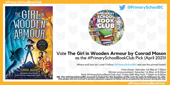Delighted that The Girl in Wooden Armour has been included in the #PrimarySchoolBookClub vote this evening. If you like dark and twisty fantasy adventures please head to <a href="/PrimarySchoolBC/">#PrimarySchoolBookClub</a> and vote for it using the pinned tweet! :)👍 <a href="/DFB_storyhouse/">David Fickling Books</a>