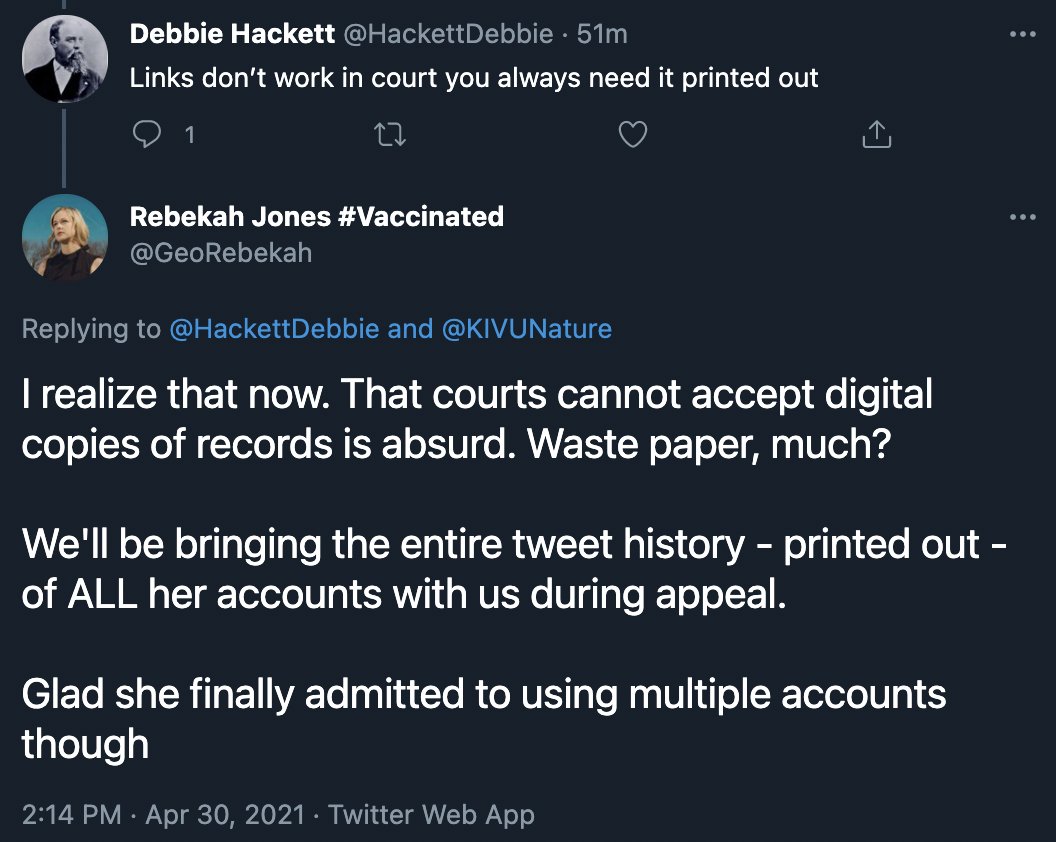 More misrepresentations.The judge accepted tweets as evidence, then asked for specific harassing tweets. Rebekah Jones did not produce any.Pushaw acknowledged using @CMCPushaw for her old job, years ago. She did not admit to using multiple accounts currently (b/c she doesn't)