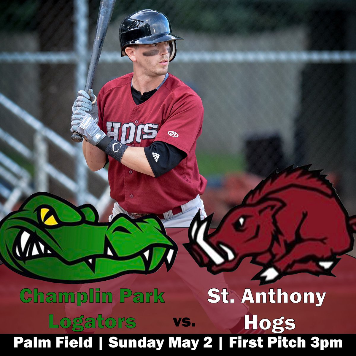 St. Anthony Hogs (@stanthonyhogs) on Twitter photo Hogs season opener vs. <a href="/LogatorBaseball/">Champlin Park Logators (23-9, 13-1 Metro Minny)</a> at Palm Field this Sunday at 3:00pm. Concessions will be open and sun will (hopefully) be out! Hogs season opener vs. <a href="/LogatorBaseball/">Champlin Park Logators (23-9, 13-1 Metro Minny)</a> at Palm Field this Sunday at 3:00pm. Concessions will be open and sun will (hopefully) be out!