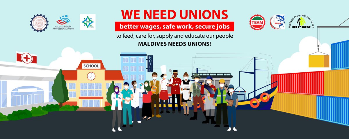 mtucMV's tweet photo. Labour day greetings to all workers around the world We need unions for Betterwages, Safeworks,Securejobs to feed, care, supply &amp; educate our people.
#MaldivesNeedsUnions
#JusticeForMyanmar #FreedomInHongKong 
@TEAMmaldives @MaldivesHPU @TAMaldives @FishermensUnion @port_union https://t.co/Hxt23thP0o