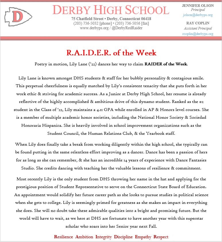 RedRaiderCT's tweet photo. Tapping 💃 her way into this week's RAIDER of the Week spotlight is Lily Lane, who is an incomparable young talent in the classroom &amp; the dance studio. Good luck with the CSDE Board of Ed application
@DerbyRedRaider @derbypssuper @DerbyCT 
@GovNedLamont @SecCardona @CharleneRTedu https://t.co/tPpTlheF5d