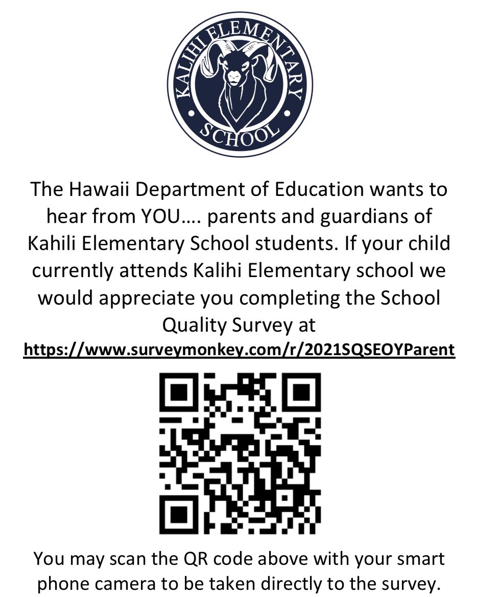The Hawaii Department of Education wants to hear from YOU…. parents and guardians of Kahili Elementary School students. If your child currently attends Kalihi Elementary school we would appreciate you completing the School Quality Survey at surveymonkey.com/r/2021SQSEOYPa…