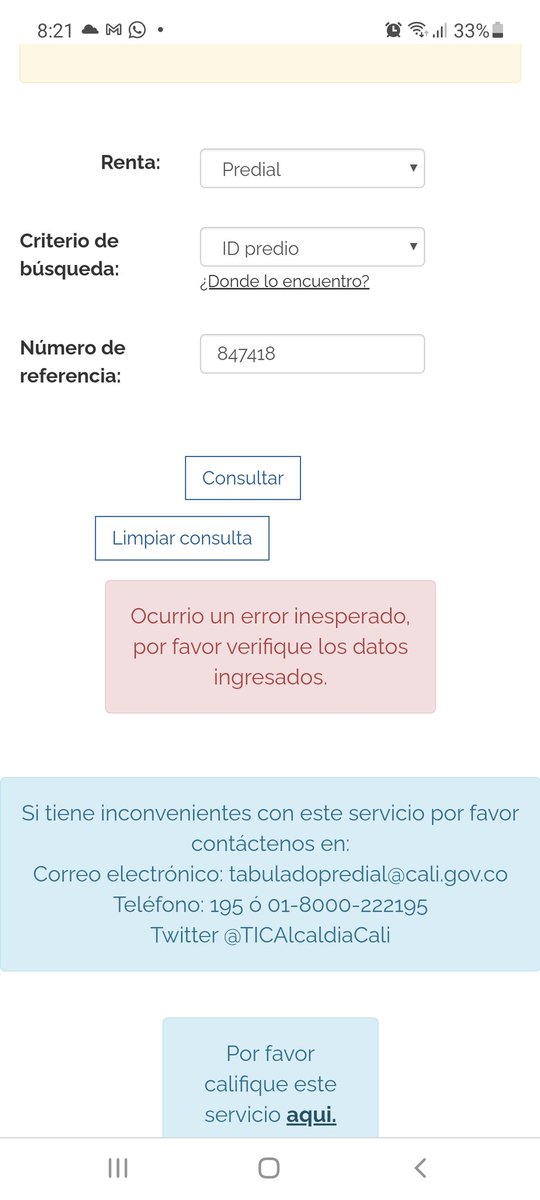 YuraniSarria's tweet photo. @TICAlcaldiaCali a esta hora sigo intentando pagar el impuesto predial, he estado haciendo lo mismo hace más de 4 horas sin éxito, revisar la plataforma por que la app tampoco funciona, este mensaje es el sale. https://t.co/lJ9S0pZztg