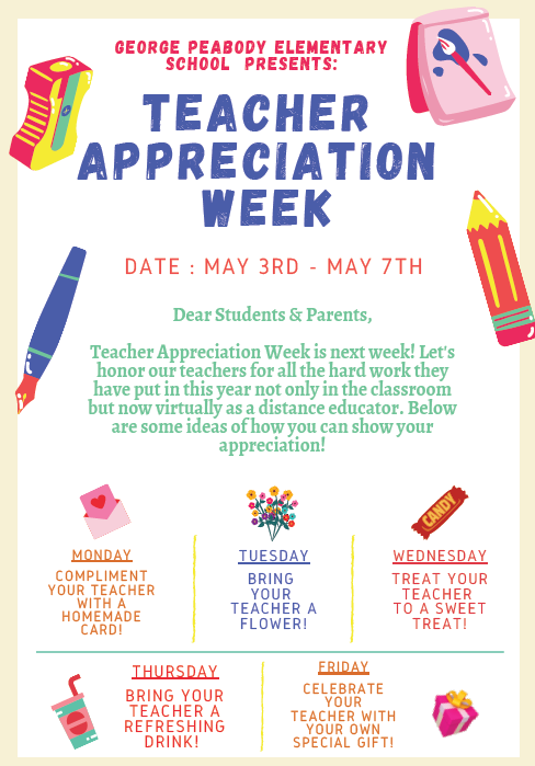 GPeabodyElem's tweet photo. Did you know that next week is 🍎 #TeacherAppreciationWeek, #chargerfamily? You can see the flyer below to get some ideas on some of the things you can do to appreciate your child's teacher. 💜💛 #gpstrongertogether https://t.co/Ddj5KDUNd4