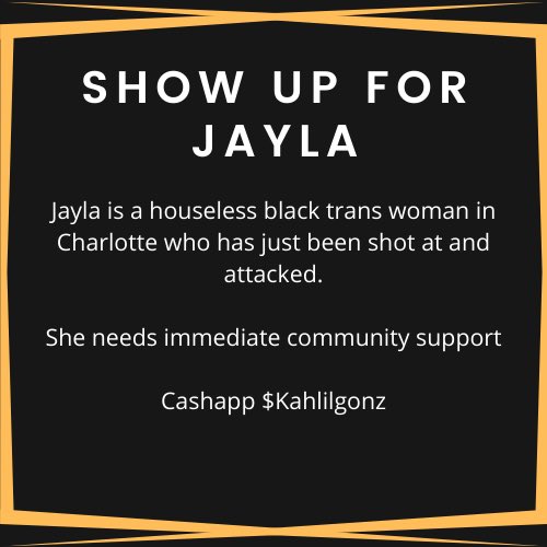 CW: violence against a Black trans woman -
Jayla survived another violent attack today. Please donate to her.