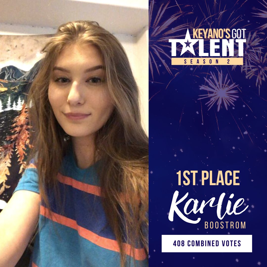 Congratulations, Karlie Boostrom! 💙
1st Place
(408 combined votes as of Thursday, April 29th, 11:40PM)

Thank you for sharing your beautiful voice! 🎉
#KGT2021 #KGTSeason2 #KGT #SAKC #KeyanoHuskies #KeyanosGotTalent #KeyanoCollege #KeyanoStudentLife
