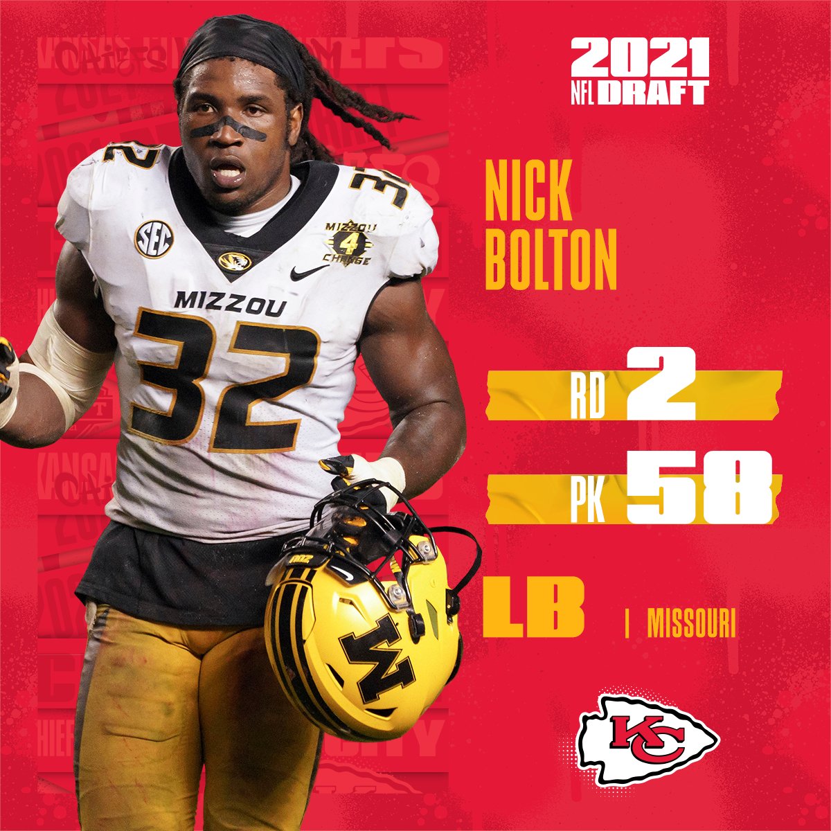 With the No. 58 overall pick in the 2021 <a href="/NFLDraft/">NFL Draft</a>, the <a href="/Chiefs/">Kansas City Chiefs</a> select LB Nick Bolton!

📺: 2021 #NFLDraft on NFLN/ESPN/ABC