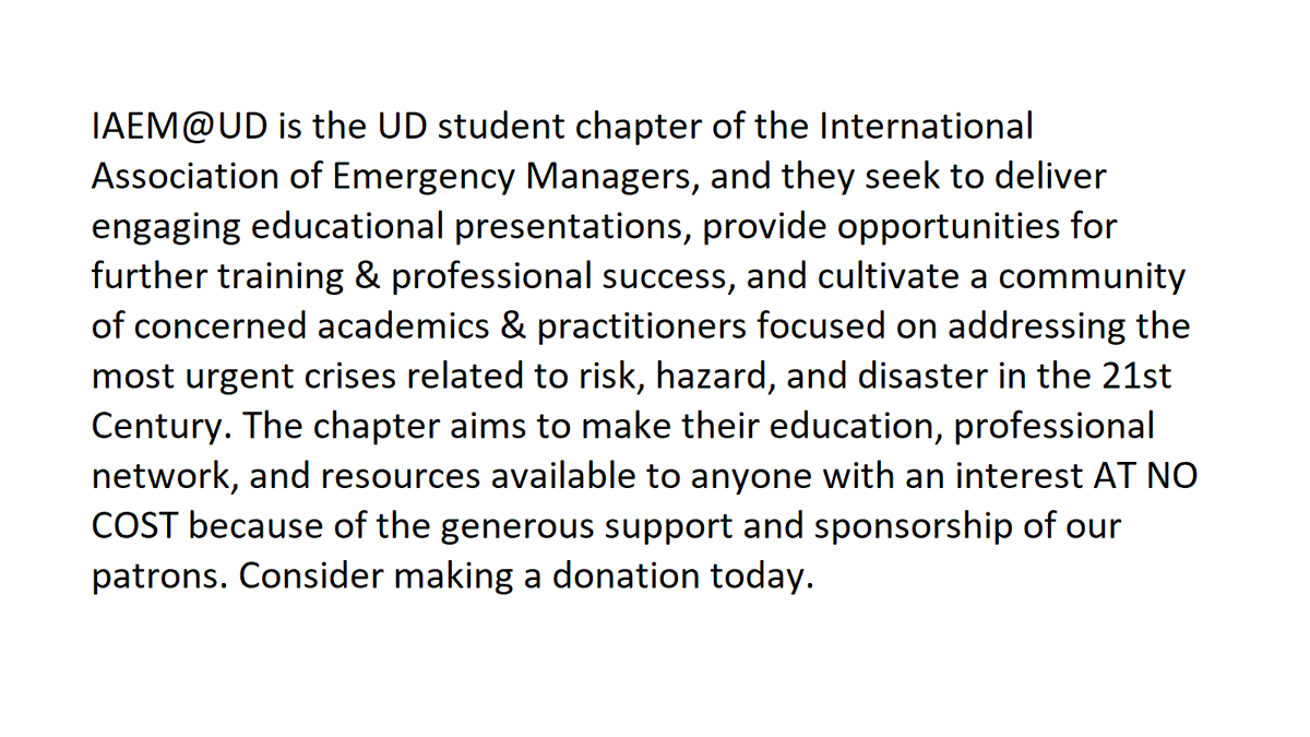 "We 💛  Our UD Community &amp; want it to be prepared for anything! Help us build a resilient future" - <a href="/IAEMatUD/">IAEM at UD</a>, the <a href="/UDelaware/">Univ. of Delaware</a> student chapter of <a href="/iaem/">IAEM</a> udel.edu/alumni-friends… #iheartUD #BlueHens #EMGTwitter