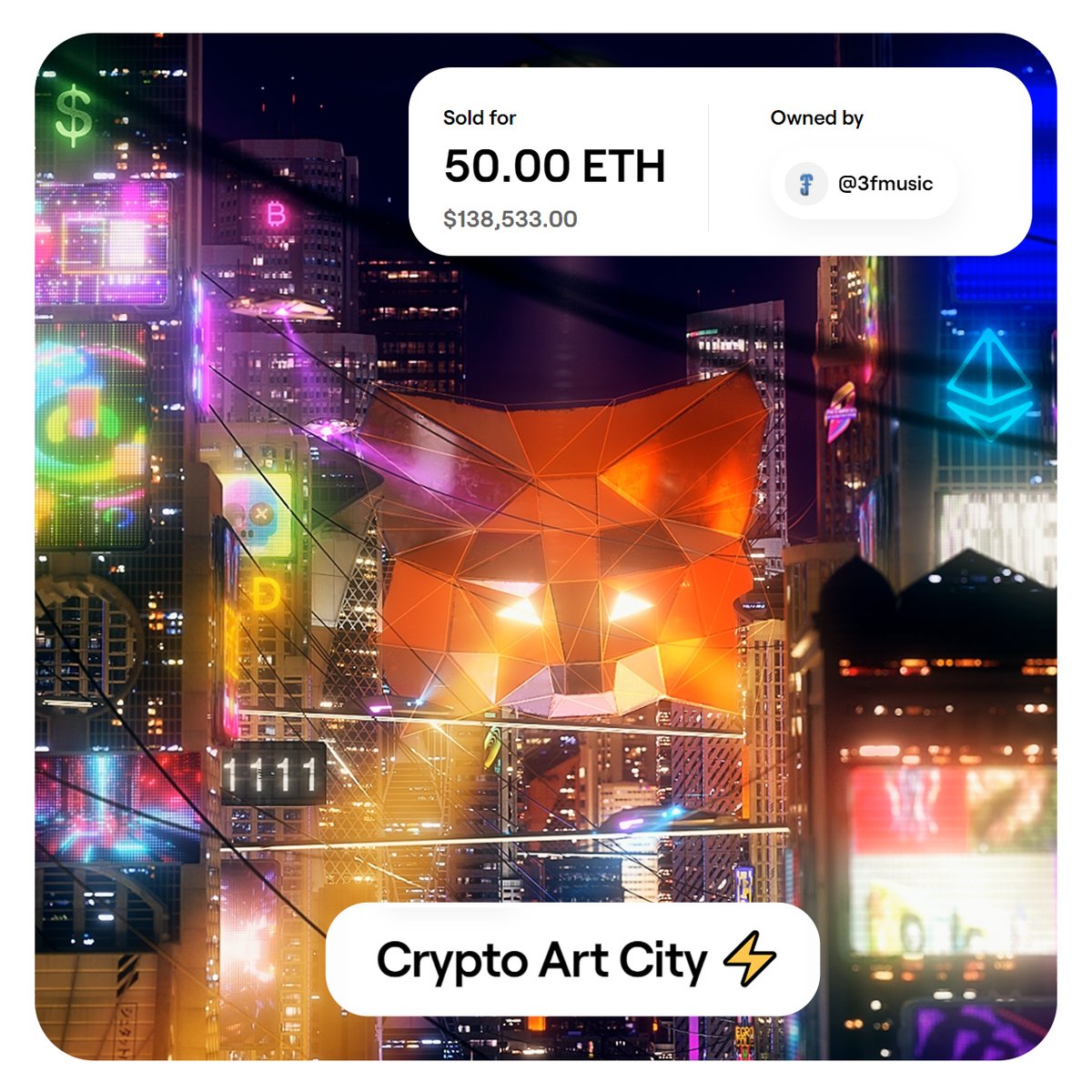 WOW 😍Crypto Art City ⚡️ Sold for 50.00 ETH
Thanks for <a href="/mondoir/">Mondoir</a> for this collaboration
congrats to <a href="/3fmusic/">3F Music</a> for being the new Owner of this work
#nftart #cryptoart