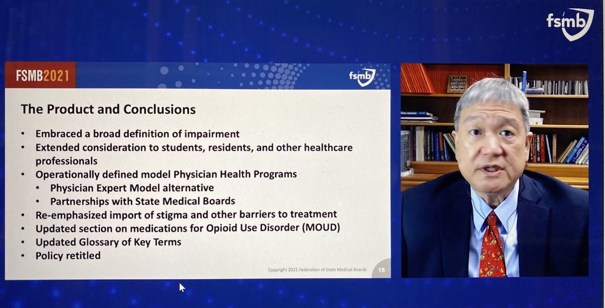 DrHankChaudhry's tweet photo. Dr. Danny Takanishi of the Hawaii Medical Board, sharing a summary of @TheFSMB’s updated policy (a 2-year project he chaired) on physician illness and impairment. @ASAMorg #FSPHP @AmCollSurgeons https://t.co/EDQZ71oeXd