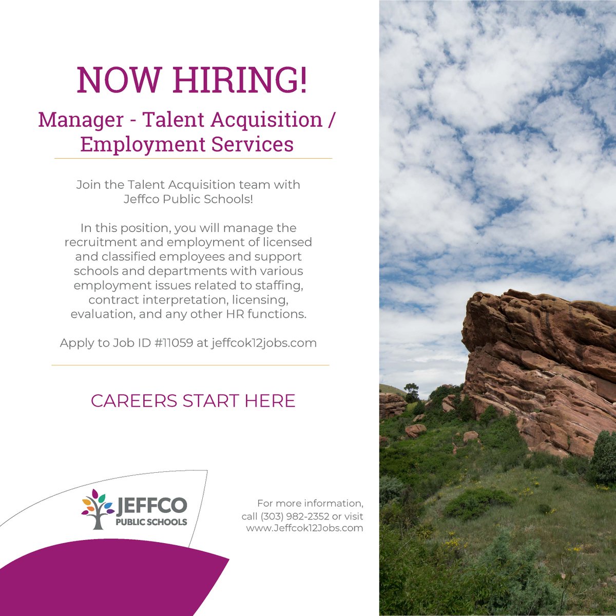 Don't miss this opportunity! We're hiring a Manager - Talent Acquisition/Employment Services to join Team Jeffco! Apply to Job ID #11059 on our job board at jeffcok12jobs.com

#Hiring #TeamJeffco #HRJobs #Jobs #Careers