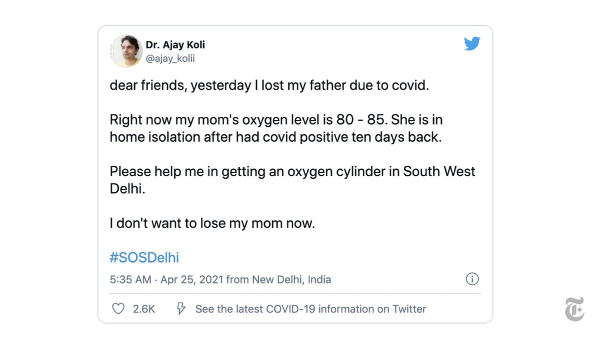 April 25, 3:05 p.m.Ajay sends a desperate plea for help. In Delhi, oxygen cylinders are now selling for more than 50,000 rupees, or $675, nearly 10 times the normal price.  https://nyti.ms/33h7p5j 