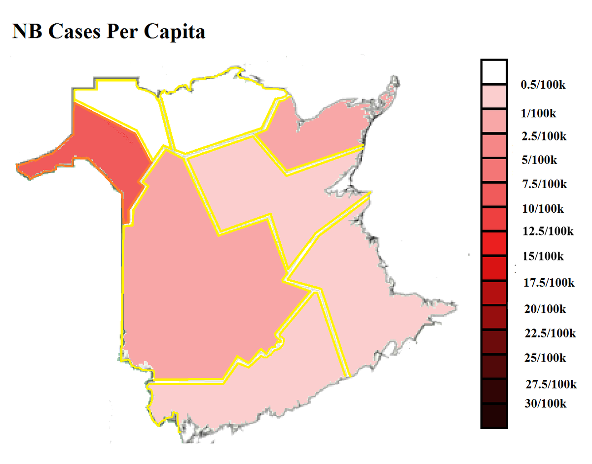 There are now 127 known, active cases in NB.Updated restrictions/case levels map, and cases per capita timeline with Edmundston emphasized. Weird peppering of cases under investigation today, but no obvious cause of concern.