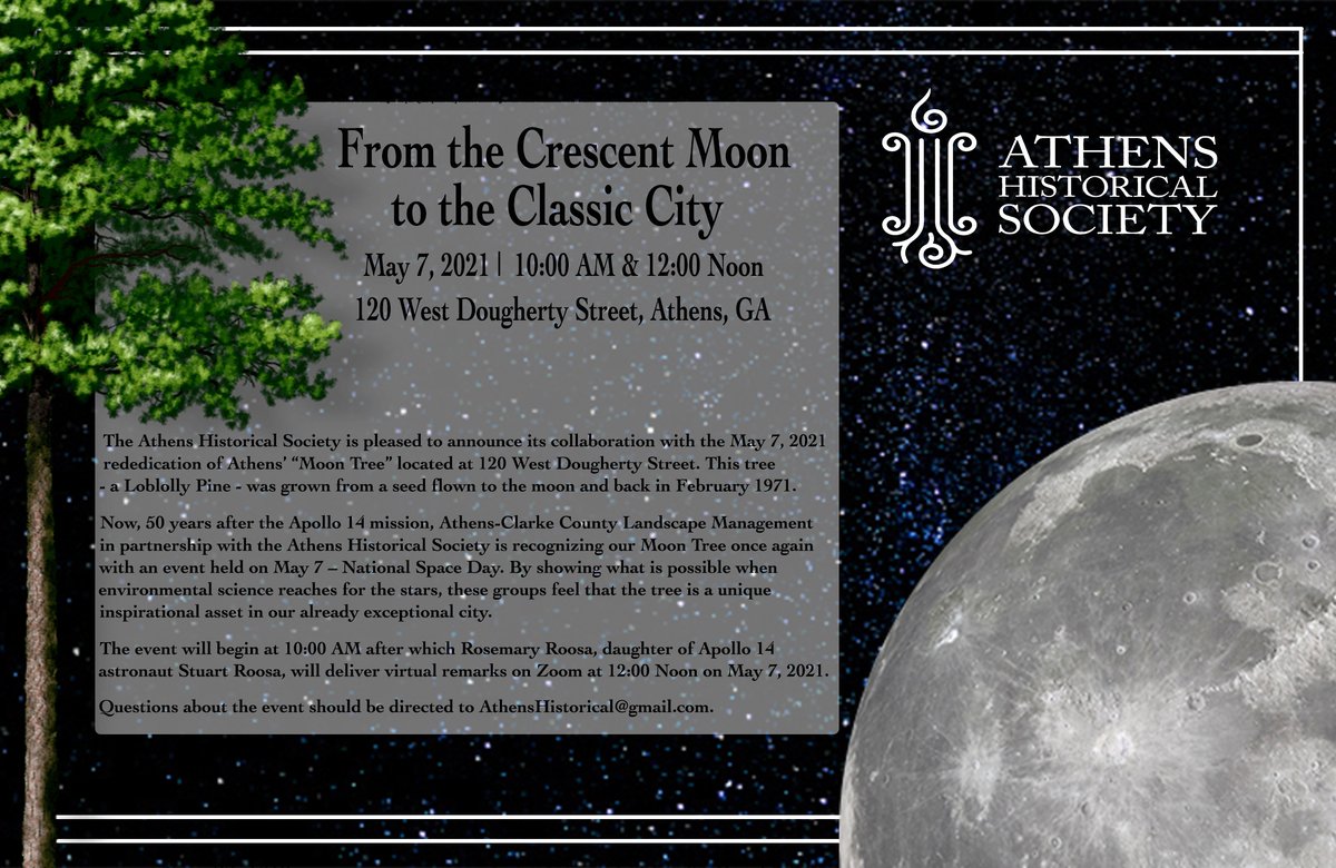 AthensGAHistory's tweet photo. The AHS is pleased to announce its collaboration with the May 7, 2021 rededication of Athens’ “Moon Tree.” 

The event will begin at 10:00 AM after which Rosemary Roosa will deliver virtual remarks at 12:00 Noon. To register for the virtual talk:https://t.co/eAzQulWPh7 https://t.co/gAv3v5zEX0