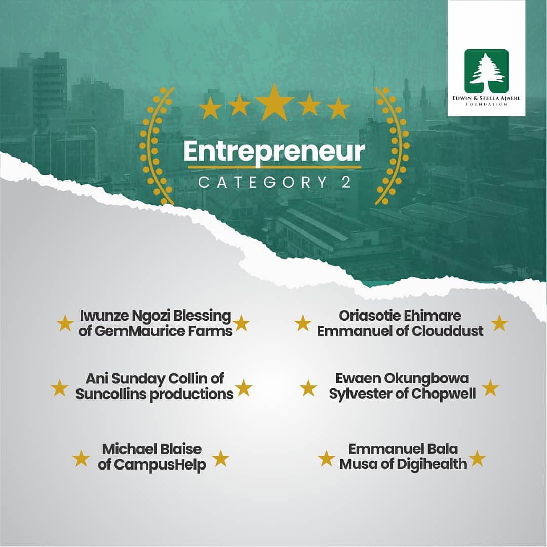 AjaereFoundatn's tweet image. The Edwin and Stella Ajaere Foundation in partnership with GIG Mobility and GIG Logistics 
is glad to announce the winners of the 2021 grant in cycle in the Education and Entrepreneurship Categories.

Please swipe left to see the winners.