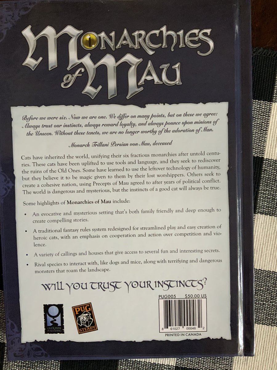 Next are some RPGs from  @TheOnyxPath. I love how every publisher seems to have a ‘flavor,’ and these folks do great fringe genres, I love that.First up is MONARCHS OF MAU, designed by  @pugsteady. It’s an RPG based after cats take over from humanity! It’s gorgeous.10/