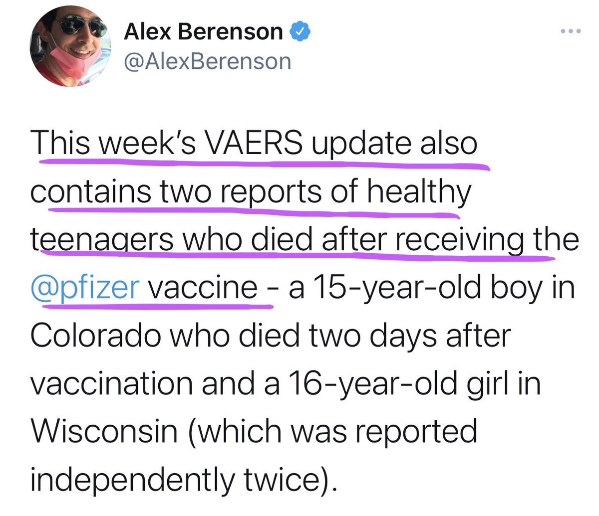 3. 100% safe...my ARSEHow can something be 100% safe yet 2 healthy teenagers in  die this week after receiving   @AlexBerenson highlights  update from VAERS weekly report @FatEmperor  @JamesDelingpole  @AI_Clayton  @BigBrotherWatch  @PrisonPlanet  @KathyConWom  @sonia_elijah  https://twitter.com/13orangesbc/status/1388175945509507074