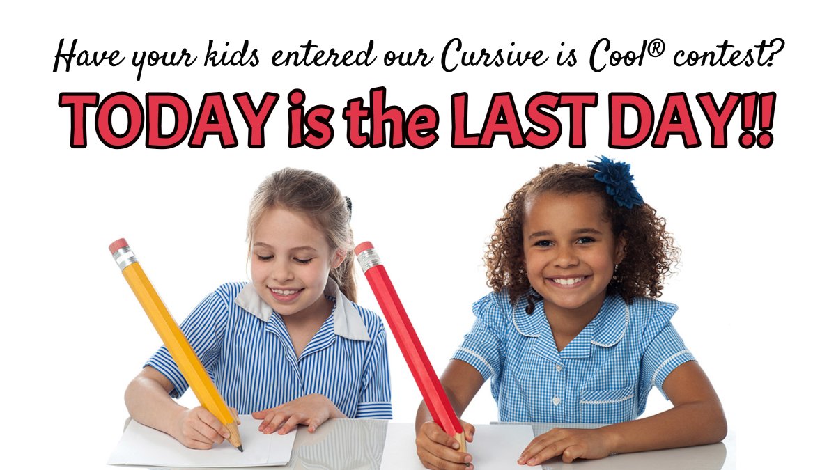This is IT!! Kids in Grades 1 - 6 in the USA can enter until 11:59pm tonight!
Find all the instructions here: 
campaignforcursive.com/2021-usa-conte…  #cursiveiscool #cursivecontest #handwritingmatters