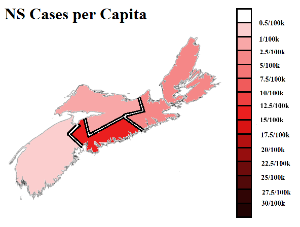 Updated restrictions/case levels map for NS, case origin timeline, and cases per capita timeline with Halifax emphasized. Still no evidence of community spread outside of the Halifax area. Hopefully it stays that way and the numbers are a bit better next week.