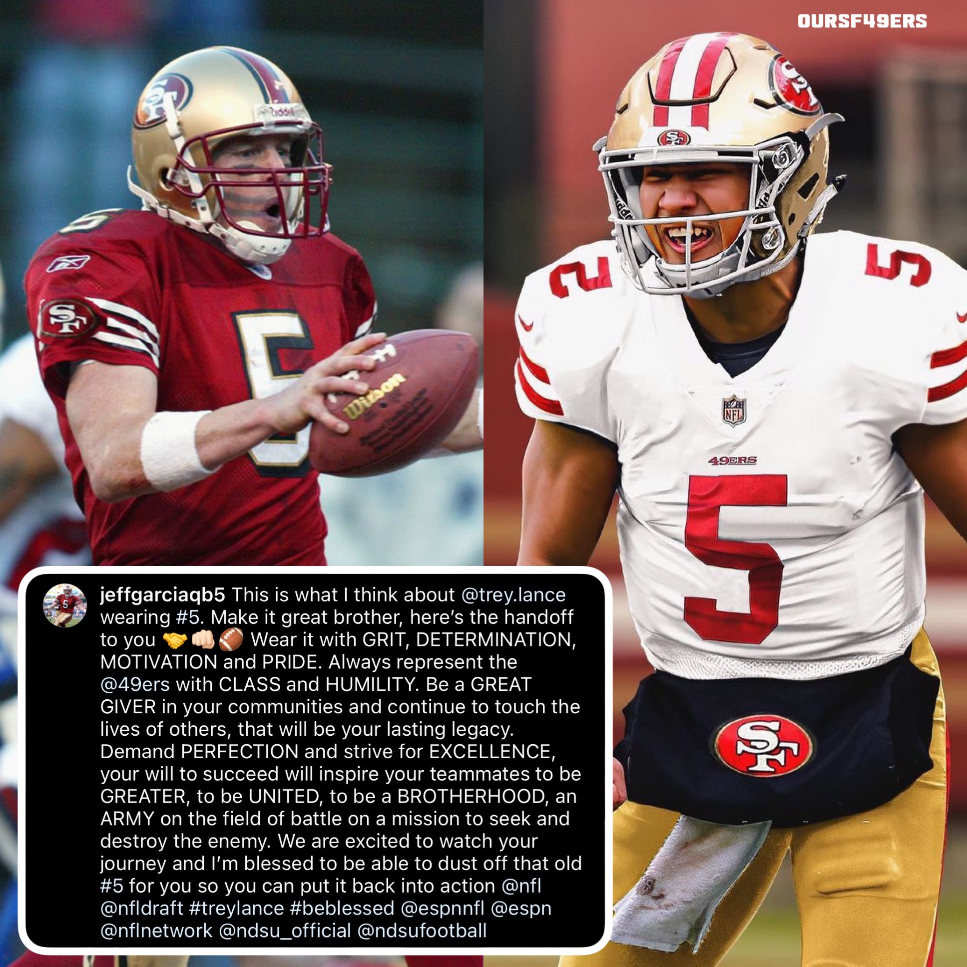 OurSF49ers on X: 'Jeff Garcia gives his blessing and passes the torch to  Trey Lance for the #5 jersey on IG 