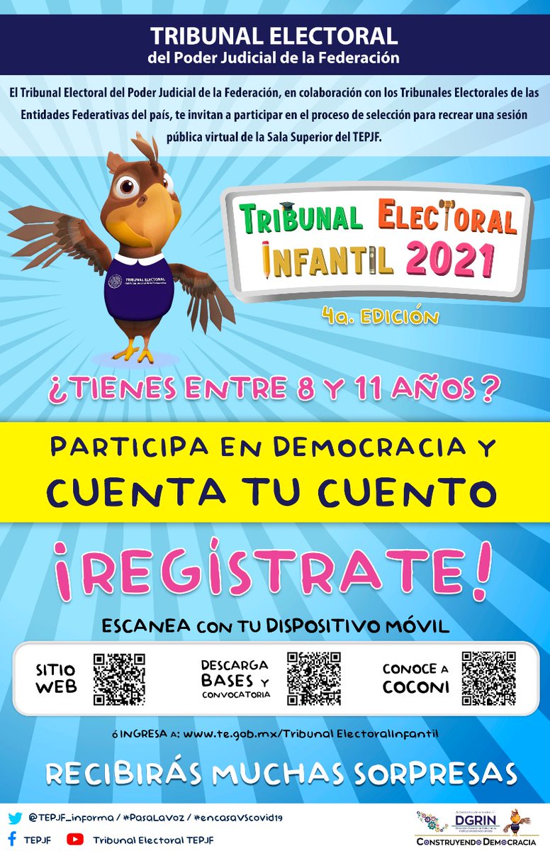 #Invitación || Si tienes entre 8 y 11 años de edad, el <a href="/TET_Tlax/">TETlax</a> te invita a participar en la 4ta Edición del #TribunalElectoralInfantil2021 que organiza el <a href="/TEPJF_informa/">Tribunal Electoral del PJF</a>
➡️Consulta las bases o escanea QR
te.gob.mx/TribunalElecto…
👨🏻‍⚖️<a href="/JosLumbrerasGa1/">José Lumbreras García</a>
👨🏻‍⚖️<a href="/MiguelNvX/">Miguel Nava</a>
👩🏻‍⚖️<a href="/Claudia_Salva1/">Claudia Salvador</a>