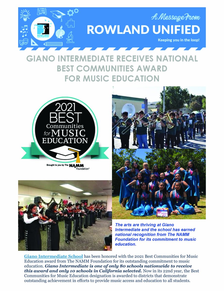 Hot off the Press! Today's RUSD News features @GianoSchool @MusicGiano @GianoPrincipal Giano's National Music Award (Go Gladiators!), TONIGHT's @rowlandhs IB Student Art Exhibition at 6 PM and More! conta.cc/2PDtRlH @rusdkids @RUSDmusic @_JulieMitchell_