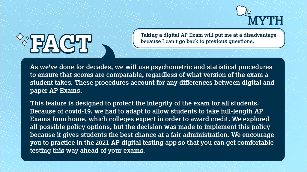 APforStudents's tweet image. Busting some myths about this year's AP Exams.