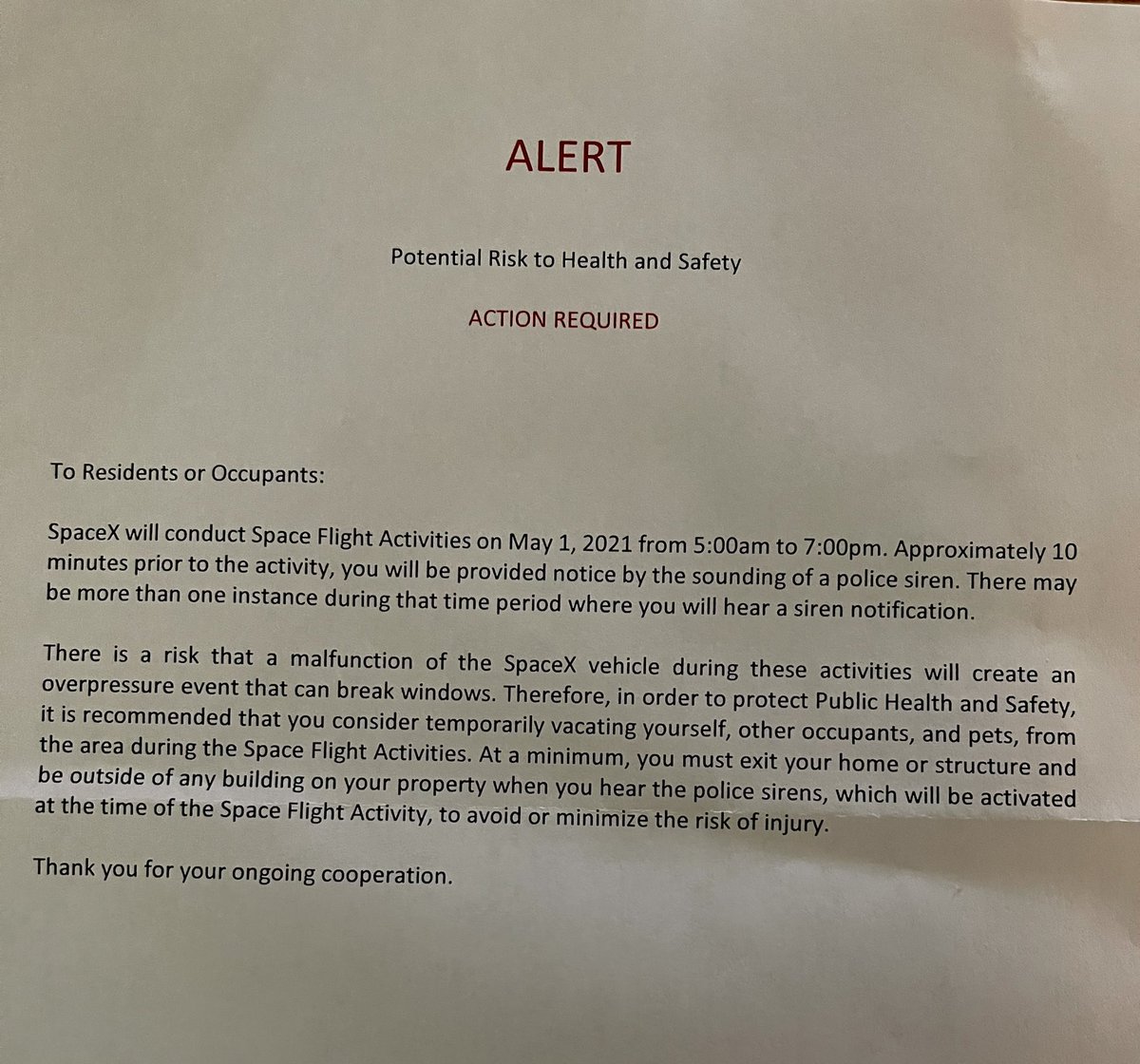 I have received an Alert notice for tomorrow Saturday , May 1 from 5 a.m. - 7 p.m. There is no road and beach closure scheduled at this time. I do not know why I have received this notice. #WenHop 🔥🚀🔥
<a href="/NASASpaceflight/">NSF - NASASpaceflight.com</a>