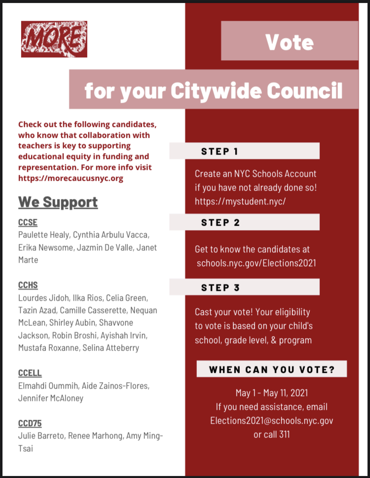 #CECElections begin tomorrow until May 11th! Parents get 1 vote per child- follow the instructions in the flyer if you haven't already set up your NYCSA account and check out the candidates who support @MOREcaucusUFT's vision for NYC Schools!