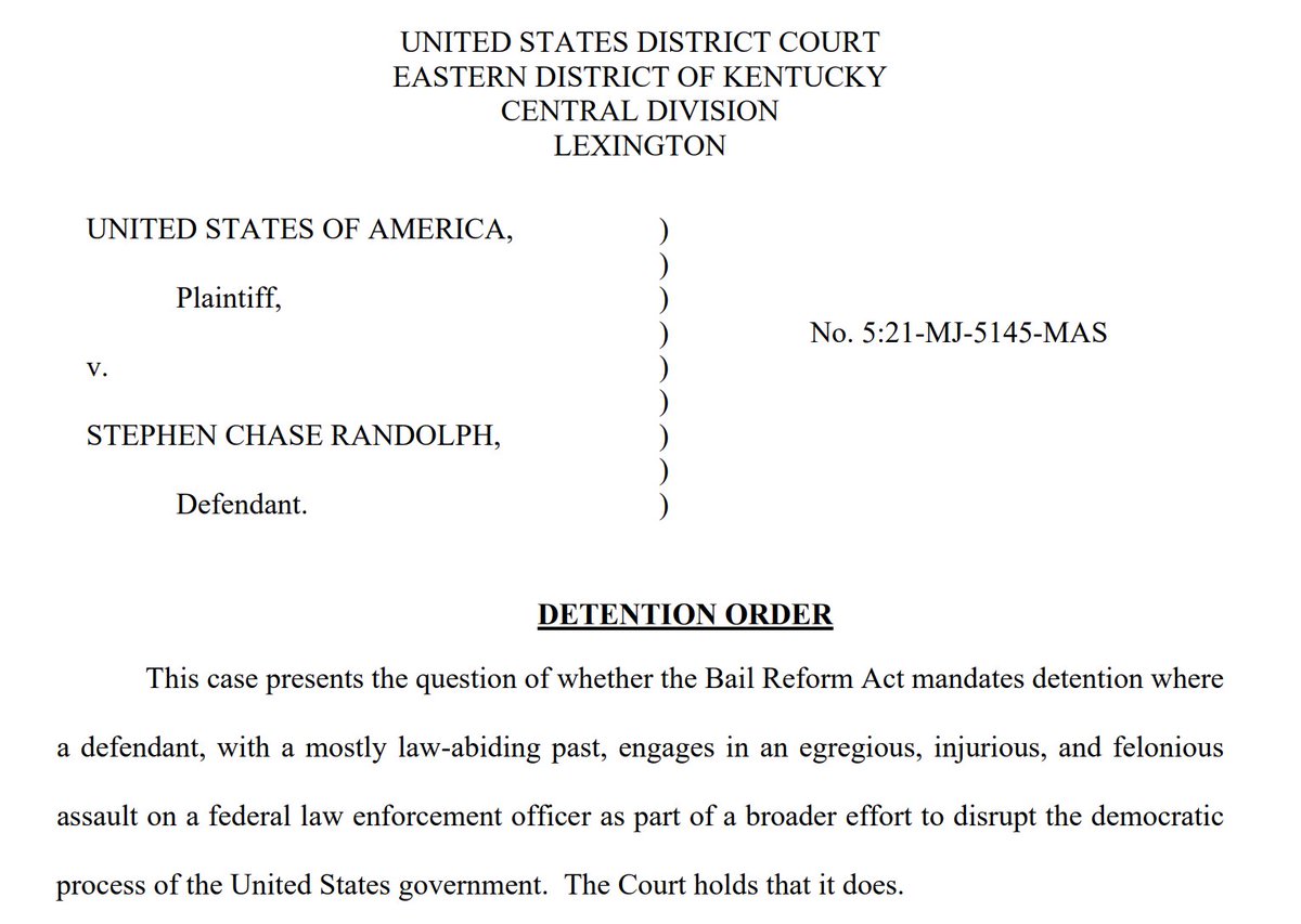 Judge wrote that Randolph had a "mostly law-abiding past” but engaged "in an egregious, injurious, and felonious assault on a federal law enforcement officer as part of a broader effort to disrupt the democratic process of the United States government.”  https://www.documentcloud.org/documents/20695027-af4eaf0a-c581-49d4-8109-7ec061ca86a6-1
