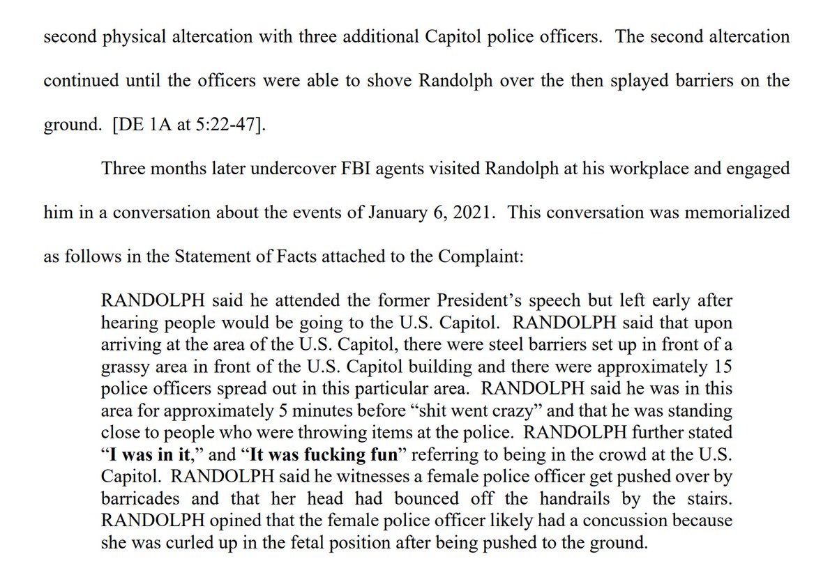 Randolph’s conduct, the judge wrote “shocks the conscious.” After Randolph knocked over the Capitol Police officer and caused her to hit her head on a metal stair handrail, he went on to assault more officers and left her an “unconscious heap on the ground.”