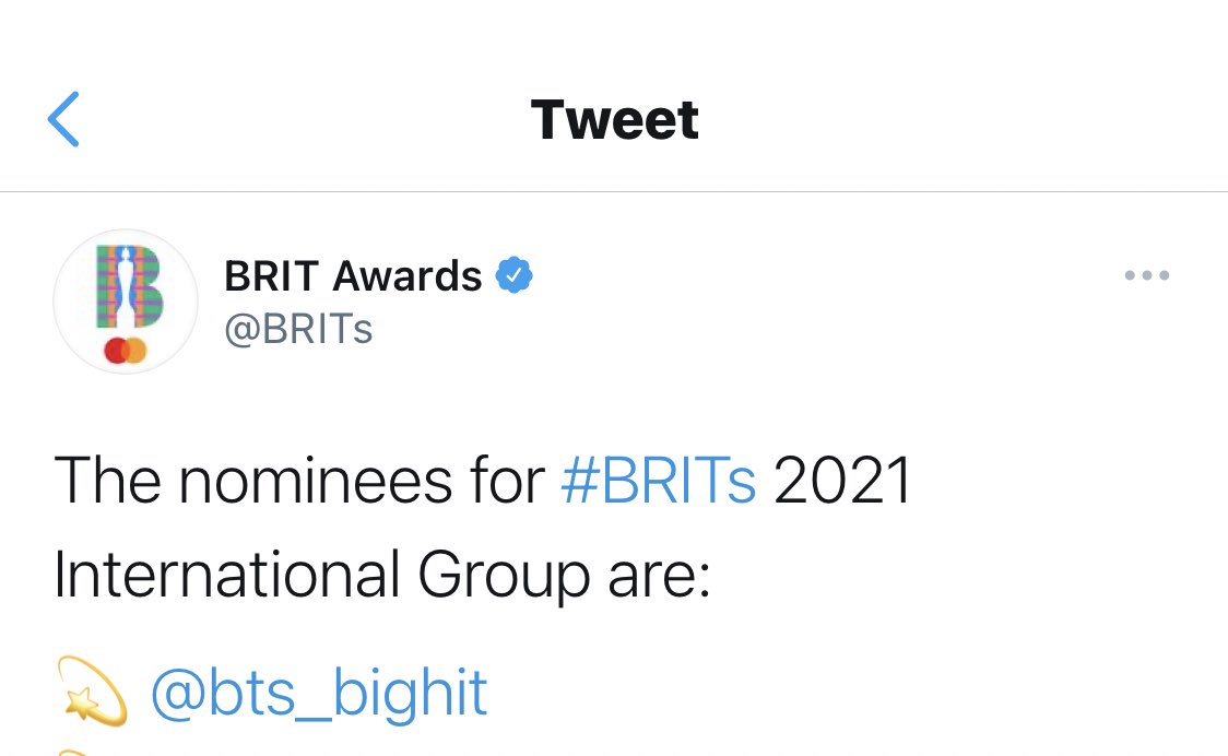 with their nomination for "International Group", BTS became the first korean act to get nominated at the BRIT Awards.