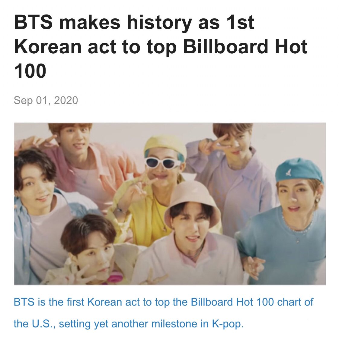 in 2020 BTS became the first korean act to chart #1 on billboard hot100