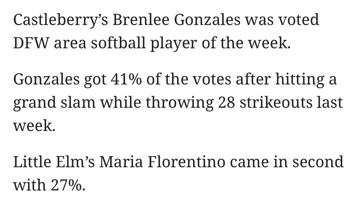 BrenleeGonzales's tweet photo. Thank you to everyone who voted, and thank you to my #chs_lions teammates and coaches! @DFWfastpitch @FastPitchNet @Los_Stuff https://t.co/swE1J4TcTi