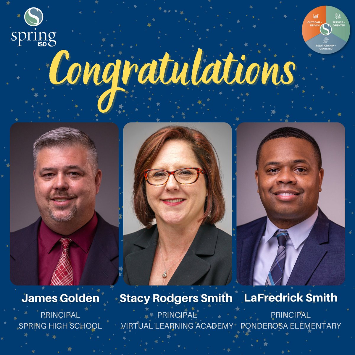 Spring ISD is pleased to announce that we have filled several key leadership positions in the district with promotions. Join us in congratulating these Outcome-Driven, Service-Oriented and Relationship-Centered individuals! #BelieveInSpring