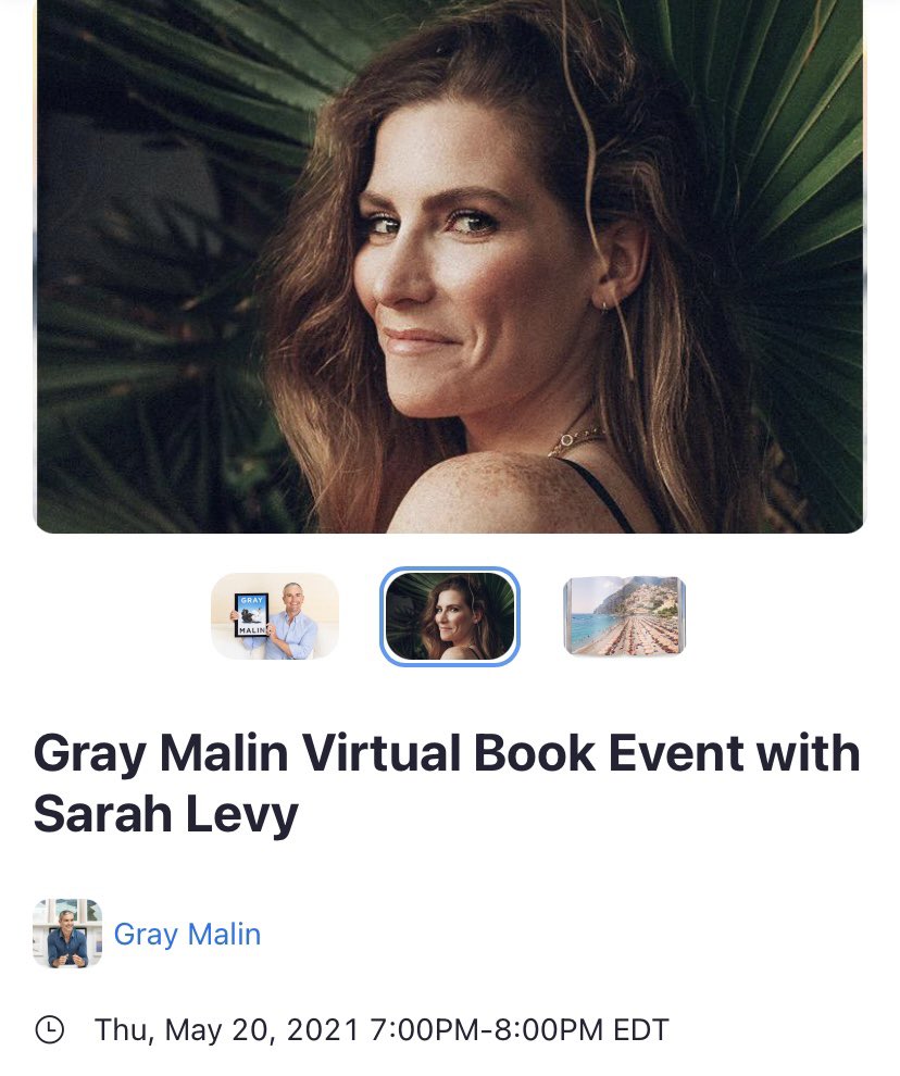 Sarah will be joining @GrayMalin on May 20th to discuss his new book ‘Gray Malin: The Essential Collection’ 📖

Register for the event here: on.zoom.us/h/graymalin/gr…