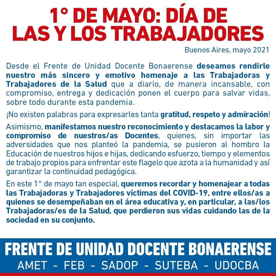 SadopPilar's tweet photo. #Gracias | El Frente de Unidad Docente Bonaerense rinde homenaje a las Trabajadoras y Trabajadores de la Salud. 

Asimismo manifestamos nuestro reconocimiento y destacamos la labor y compromiso de las y los Docentes ante la pandemia.

#1deMayo 
#FUDB 
#SADOP https://t.co/DvFcLAeyn3