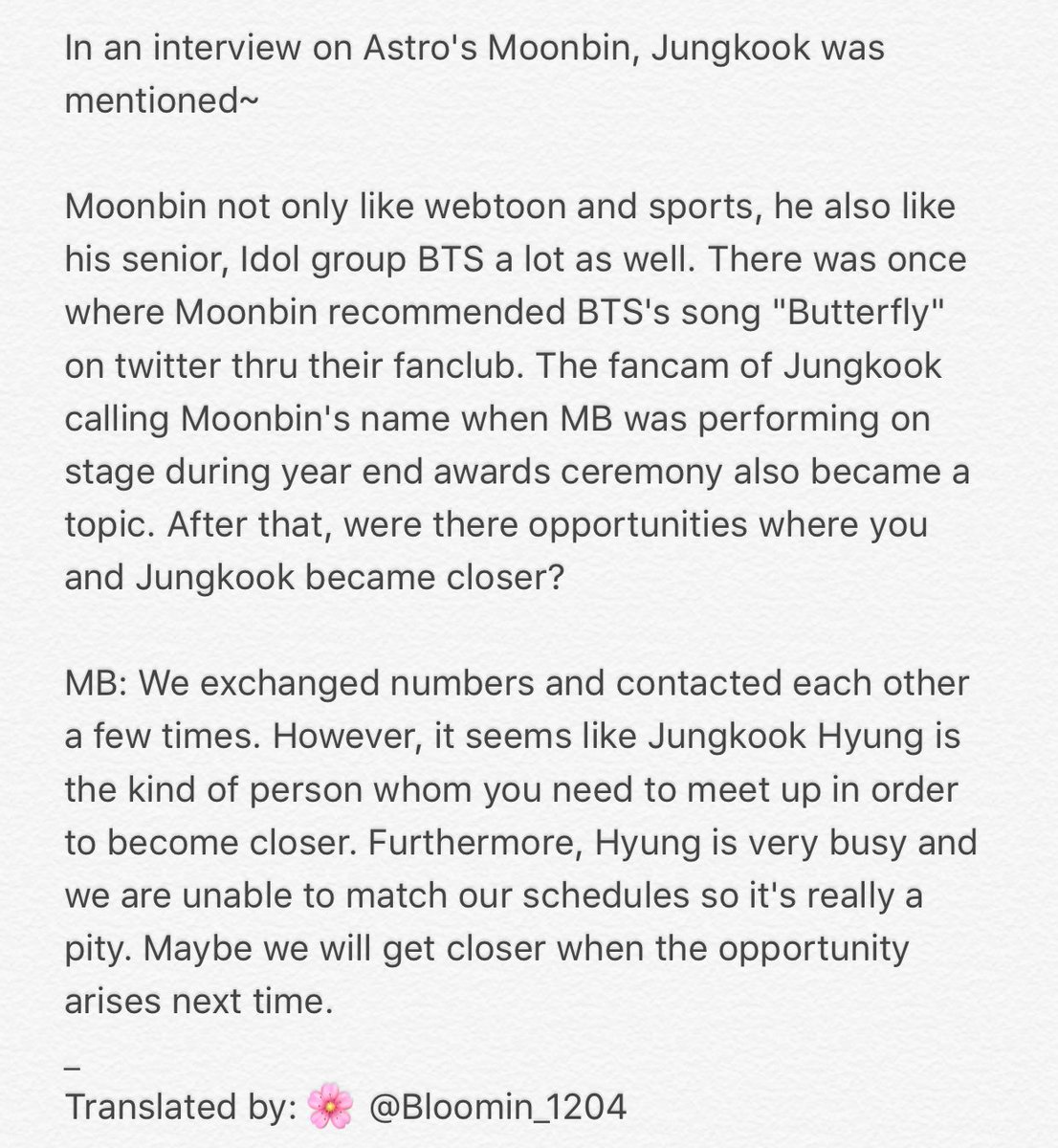 astro's moonbin has said to like bts many times confessing he wanted to be closer to jungkook. during his birthday did a little video dancing with jungkook's bt21 character 'cooky', while member rocky recommended euphoria on their twitter acc as well