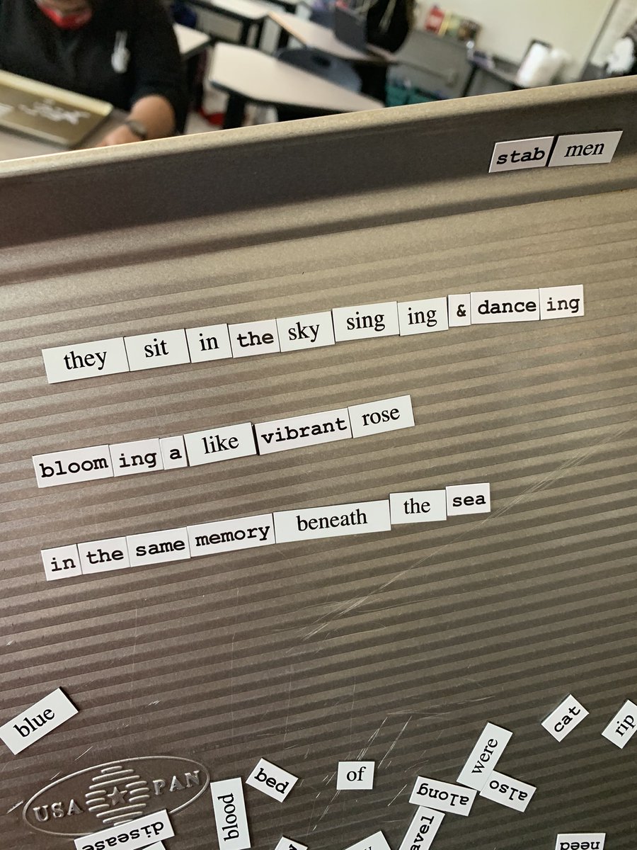 mccainVH's tweet photo. Finally got to use my magnetic poetry kit with my freshman today! They did not disappoint. Some goofy, some deep. All took lots of effort and concentration. Huge shoutout to @VHSRoom109 for letting us use her magnetic baking sheets! https://t.co/z054lnchy9