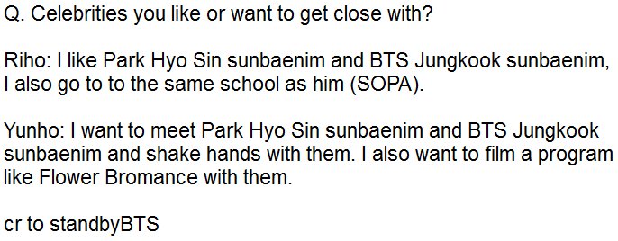 varsity's yunho & riho chose jungkook as the celebrity they want to get close with. yunho wants to do a show like celebrity bromance with him & added "his charisma on stage feels as if he would devour the stage is so awesome & its what i wish to hv. i want to follow his examples"