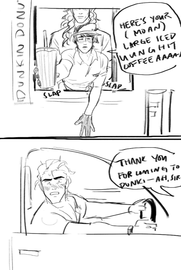 EGGCHEFFF's tweet photo. theseus orders a large coffee from dunkin donuts specifically any time zag is working the window so he can dump it in front of him [ hadesnsfw ] https://t.co/zB8IBB6qKn