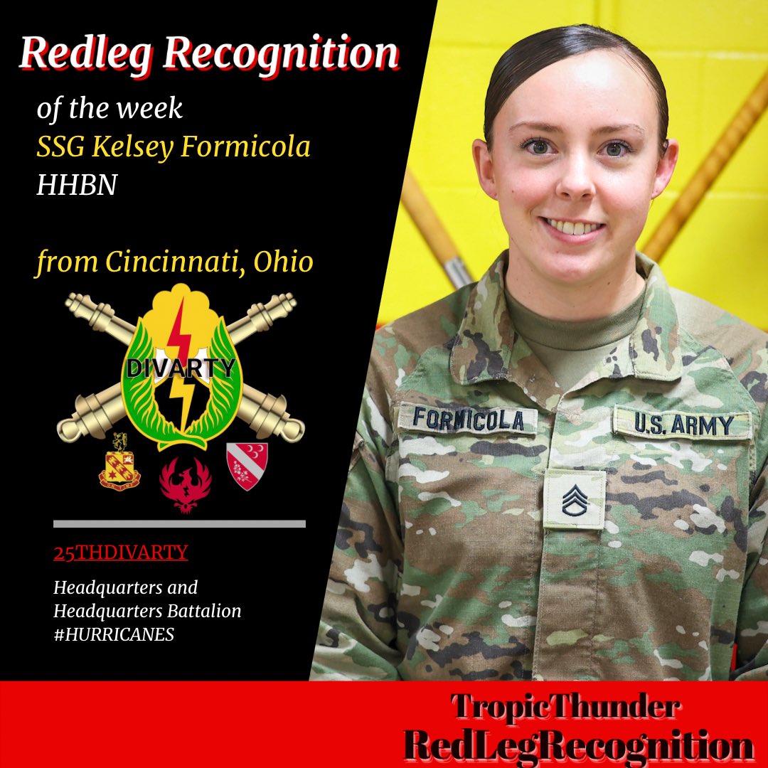 25thDivarty's tweet photo. #RedLegRecognition 💥
This week our #TropicThunder Team recognizes SSG Kelsey Formicola (68W), Medical NCOIC from HSC, HHBN. @25thIDCG @25thID @USARPAC @I_Corps @25thDIVARTYCDR https://t.co/GpLeOK8Ejt https://t.co/lrKyrVmBWq