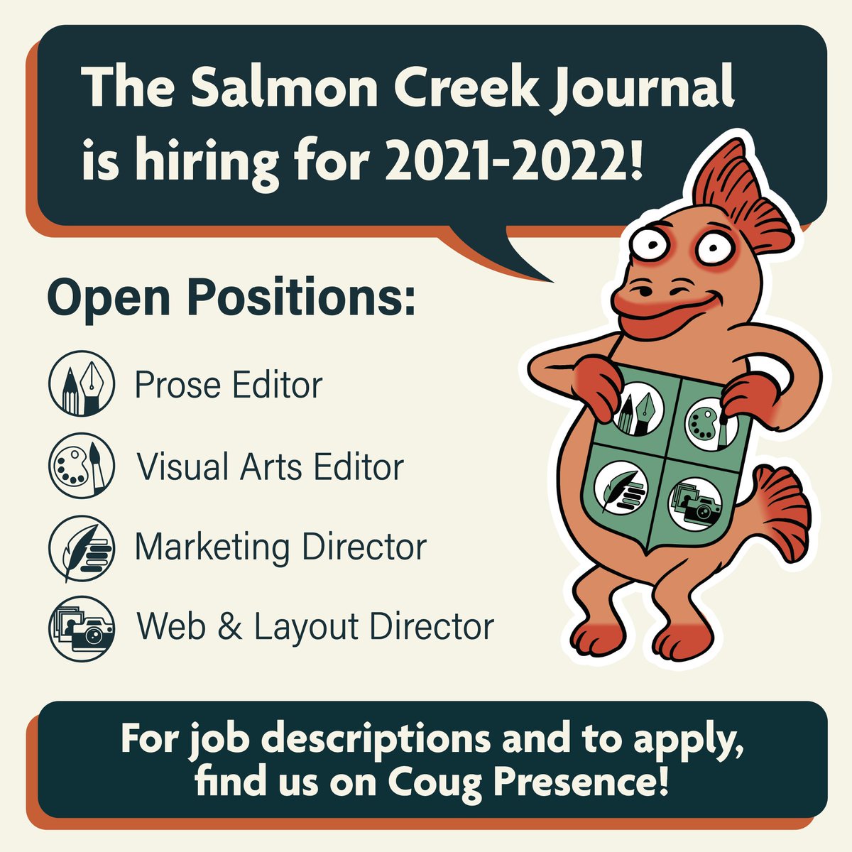 SCJWSUV's tweet photo. This is a bittersweet moment, but with the majority of the Salmon Creek Journal staff graduating this May, it's time to start filling their positions for next year!

For more information and to apply, find us on Coug Presence! https://t.co/ckOxlbXYvm