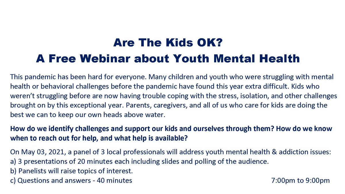 Join @parentslifeline <a href="/CrossroadCentre/">CrossroadsChildren</a> <a href="/opendoorscymh/">Open Doors</a> and <a href="/RotaryStitts/">Rotary Stittsville</a> Monday May 3rd 7 to 9pm for a free webinar about youth mental health: Are the kids OK? Register here: zoom.us/meeting/regist…