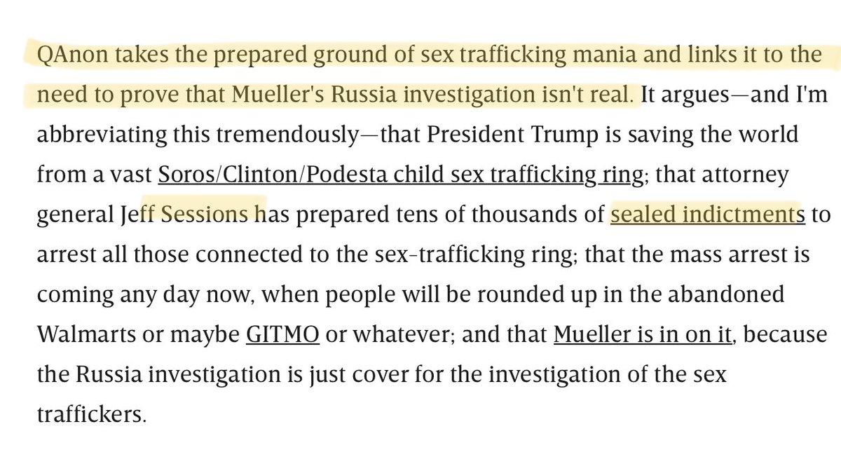 This is an amazing summary of QAnon. Sex trafficking + Russia cover up = QAnon. Mmm hmm.
