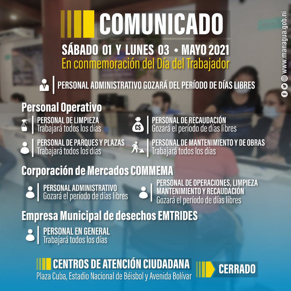 alcaldia_mga's tweet photo. 🚨 #ALMAINFORMA En homenaje al Día Internacional del Trabajador nuestras Oficinas de Atención Ciudadana permanecerán #cerrados este #Sábado 01 y #Lunes 03 de Mayo retornando a labores normales el #Martes 04 de Mayo.
#FelizDiaTrabajadores
#MayoVictorioso https://t.co/LKxyH4Y33C
