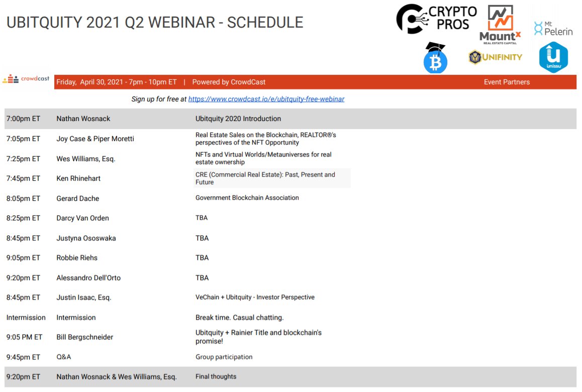 AnthonyMaza13's tweet photo. Blockchain's🖖 Vechain's🖖 NFT'S
@ubitquity_io Q2 2021 Webinar
TONIGHT @ 7pm ET - 10pm ET.
TUNE IN VIA : @crowdcastHQ https://t.co/dlYGobMNul