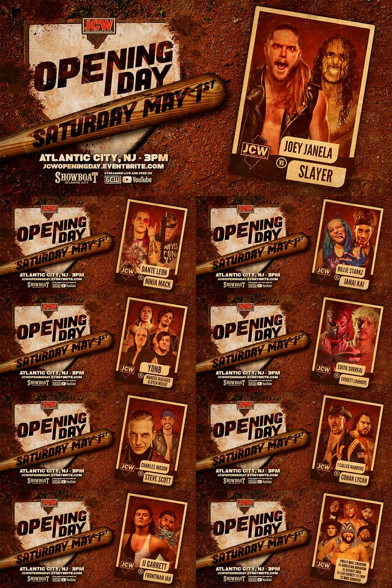 *SATURDAY 3PM EST!!!*

JCW returns for Opening Day!

Streaming LIVE &amp; FREE for everyone on the GCW Youtube:
youtu.be/4lRQxwGqwq4

Slayer/Janela
Ninja/Leon
Surreal/Connors
Mason/2Hot
Jah/JJ
Manders/Lycan
Starkz/Kai
YDNB v Mathers/Mckay
Scramble

Tix:
JCWOPENINGDAY.EVENTBRITE.COM